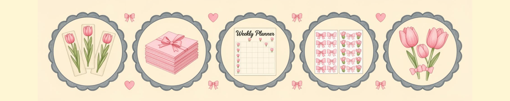 Our stationery offerings: Bookmarks, Notepads, Weekly Planners, Stickers, Magnets